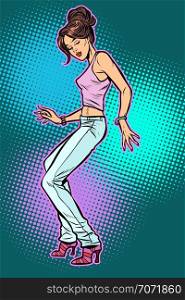 girl in jeans. woman disco dance. Pop art retro vector illustration vintage kitsch 50s 60s. girl in jeans. woman disco dance