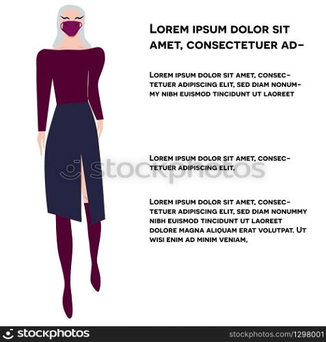 Girl in leather skirt and matching top protective mask. Latest trend news, fashion bloggers post. Flat cartoon illustration with copyspace on white background. Vector illustration.. Girl in leather skirt and matching top protective mask. News outbreak blogger