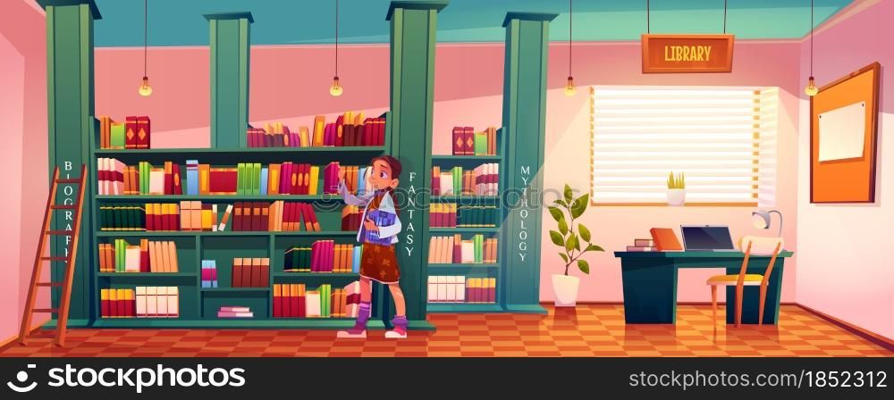 Girl in library choose books for reading lying on shelves in school or public athenaeum large bright room interior with ladder and librarian table, child searching literature, Cartoon vector athenaeum. Girl in library choose books for reading on shelf