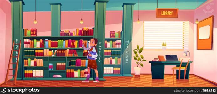 Girl in library choose books for reading lying on shelves in school or public athenaeum large bright room interior with ladder and librarian table, child searching literature, Cartoon vector athenaeum. Girl in library choose books for reading on shelf