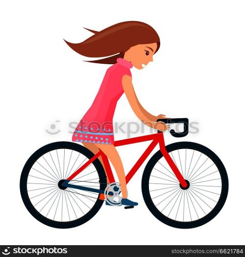 Girl in light summer clothes rides bike isolated on white. Vector illustration of active young female person leading healthy lifestyle.. Girl in summer clothes rides bike isolated on white