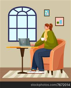 Girl in living room sits in front of laptop. Home entertainment. Woman with scarf and cup. Cozy apartment interior, paintings, carpet. Stay at home and be safe. Self-isolation. Flat vector image. Woman sitting on the round table with laptop at home. Cozy furniture design. Stay home and be safe