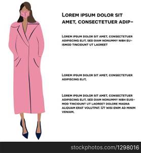 Girl in long pink coat and protective face mask. Latest trend news, fashion bloggers post. Flat cartoon illustration with copyspace on white background. Vector illustration.. Girl in long pink coat and protective face mask. News outbreak blogger