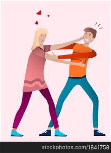 girl in love reaches for a young guy to kiss him. Unrequited love. Vector illustration on the theme of love and friendship