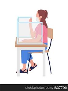 Girl in mask at school lesson semi flat color vector character. Schoolgirl figure. Full body person on white. Covid rules isolated modern cartoon style illustration for graphic design and animation. Girl in mask at school lesson semi flat color vector character