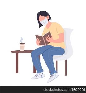 Girl in medical mask reading book flat color vector faceless character. Young woman on quarantine isolated cartoon illustration for web graphic design and animation. Remote education, staying at home