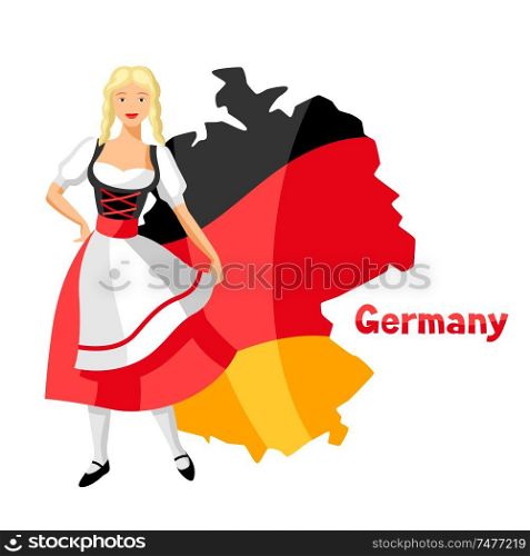 Girl in national costume of Germany on map. Traditional national symbols.. Girl in national costume of Germany on map.