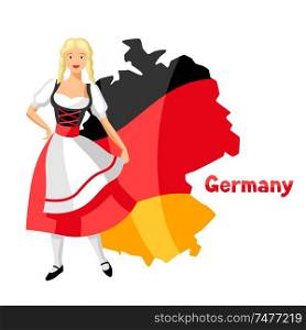 Girl in national costume of Germany on map. Traditional national symbols.. Girl in national costume of Germany on map.