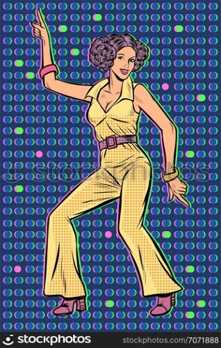 girl in pantsuit. woman disco dance. Pop art retro vector illustration vintage kitsch 50s 60s. girl in pantsuit. woman disco dance