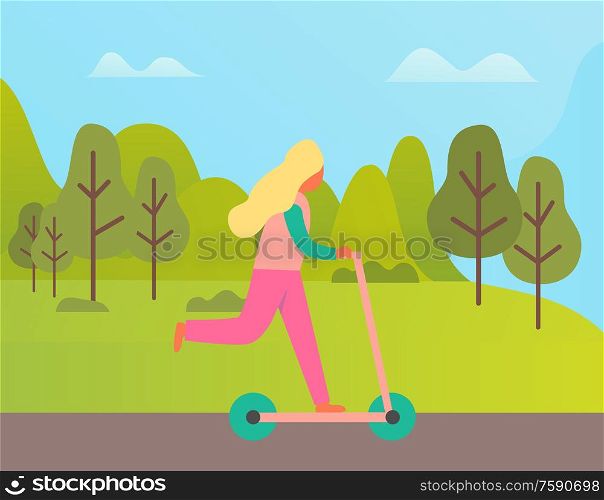Girl in pink casual clothes riding scooter, side view of person. Outdoor activity, woman going near trees and mountain landscape, female outdoor vector. Woman Riding Scooter Outdoor, Green Nature Vector