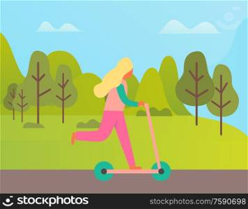Girl in pink casual clothes riding scooter, side view of person. Outdoor activity, woman going near trees and mountain landscape, female outdoor vector. Woman Riding Scooter Outdoor, Green Nature Vector