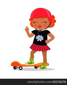 Girl in pink helmet and skirt standing on orange skateboard. Red curly hair. Black t-shirt with chamomile. Green shoes. Cartoon design. Illustration of happy female skateboarder. Flat design. Vector. Girl in Pink Helmet and Skirt. Orange Skateboard