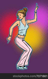 girl in pink pants. woman disco dance. Pop art retro vector illustration vintage kitsch 50s 60s. girl in pink pants. woman disco dance