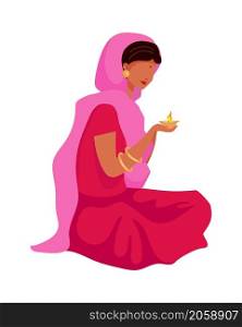 Girl in pink sari praying semi flat color vector character. Sitting figure. Full body person on white. Deepavali isolated modern cartoon style illustration for graphic design and animation. Girl in pink sari praying semi flat color vector character