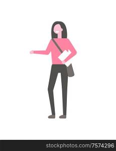 Girl in pink sweater, with bag over shoulder and book in hands vector isolated cartoon student. Female college learner in black trousers, full length portrait. Girl in Pink Sweater, Bag Over Shoulder and Book