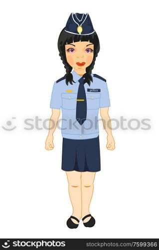 Girl in police form on white background is insulated. Beautiful girl in form of the police bodies drawing