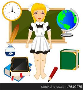 Girl in school form and accesories for training. Girl schoolgirl and school accesories for training