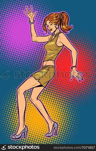 girl in sexy dress, woman disco dance. Pop art retro vector illustration vintage kitsch 50s 60s. girl in sexy dress, woman disco dance