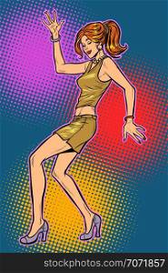 girl in sexy dress, woman disco dance. Pop art retro vector illustration vintage kitsch 50s 60s. girl in sexy dress, woman disco dance