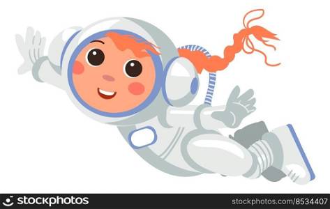 Girl in space suit flying. Smiling cartoon kid isolated on white background. Girl in space suit flying. Smiling cartoon kid