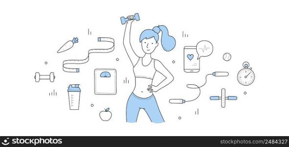 Girl in sport fit training in gym. Concept of workout, exercises and healthy lifestyle. Vector hand drawn illustration of woman with dumbbell, scale, measure tape, wheel roller and diet food. Girl in sport fit training in gym