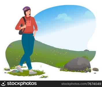 Girl in sportswear in a hat carries a backpack on her shoulder. Stylish young female chracter walking in the open air, active lifestyle. Girl teenager with short dark hair in jeans and a sweater walks. Girl in sportswear in a hat carries a backpack on her shoulder. Stylish young female chracter