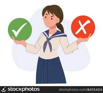girl in Student uniform is making decision between two options.Right or wrong.Flat vector cartoon character illustration.