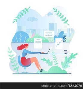 Girl in Summer Working in Office Cartoon Flat. Girl Working in Office on Background Panoramic Window. Young Woman Finishes her Work Week with Good Performance and Prepares for Vacation.