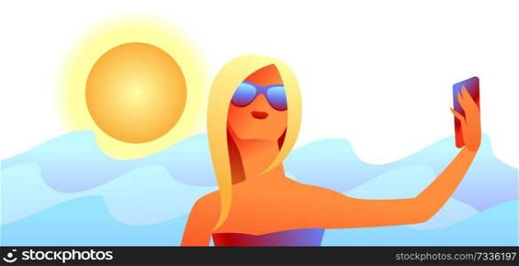 Girl in sunglasses makes selfie. Beautiful tanned blond woman on beach.. Girl in sunglasses makes selfie.