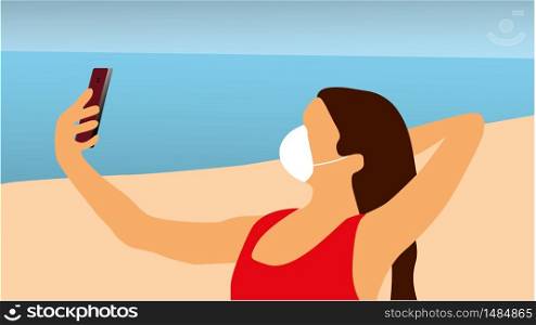 Girl in surgical mask on the beach with smartphone and makes selfie. Concept summer vacation on tropical beach. Coronavirus. Simple flat style vector illustration. Quarantine, rest, summer.. Girl in surgical mask on the beach with smartphone and makes selfie. Coronavirus. Simple flat style illustration.