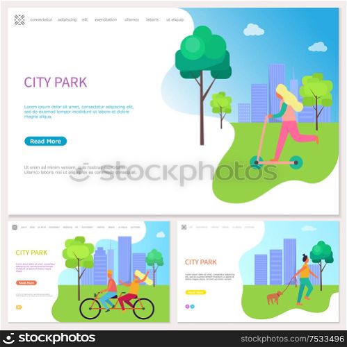 Girl in sweater going scooter on grass. Riding friend on bicycle near skyscraper. Woman walking in the city park near trees and buildings vector. Weekend Healthy Spending Time in City Park Vector