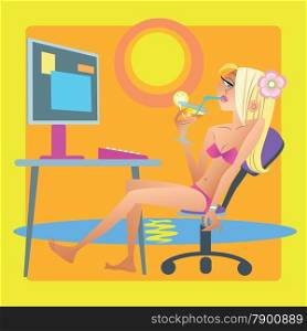 Girl in swimsuit at the resort is working at the computer. Office dream or downshifting