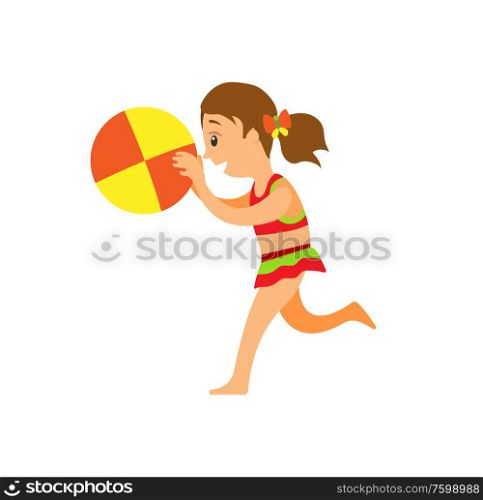 Girl in swimsuit with inflatable ball, beach game vector. Kid in swimwear, sport equipment, volleyball or outdoor summer activity isolated female character. Beach Game, Girl in Swimsuit with Inflatable Ball