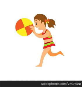 Girl in swimsuit with inflatable ball, beach game vector. Kid in swimwear, sport equipment, volleyball or outdoor summer activity isolated female character. Beach Game, Girl in Swimsuit with Inflatable Ball