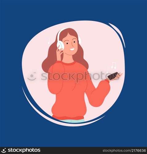 Girl in white headphones listen music. Clubhouse podcast, audiobook library in smartphone vector concept. Illustration woman in headphones, entertainment in headphone. Girl in white headphones listen music. Clubhouse podcast, audiobook library in smartphone vector concept