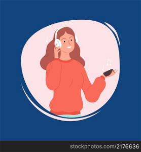Girl in white headphones listen music. Clubhouse podcast, audiobook library in smartphone vector concept. Illustration woman in headphones, entertainment in headphone. Girl in white headphones listen music. Clubhouse podcast, audiobook library in smartphone vector concept