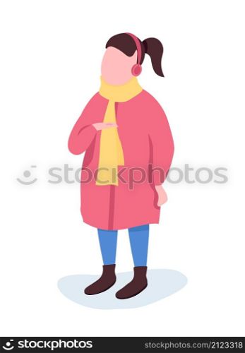 Girl in winter coat semi flat color vector character. Standing figure. Full body person on white. Winter activity isolated modern cartoon style illustration for graphic design and animation. Girl in winter coat semi flat color vector character