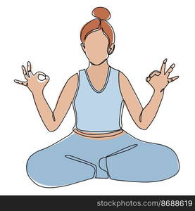 Girl in yoga lotus pose. Vector hand drawn illustration. Young and happy woman meditates and practicing yoga. Continuous drawing in one line.. Girl in yoga lotus pose. Vector hand drawn illustration. Young and happy woman meditates and practicing yoga. Continuous drawing in one line