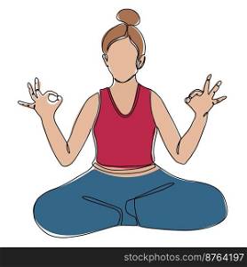 Girl in yoga lotus pose. Vector hand drawn illustration. Young and happy woman meditates and practicing yoga. Continuous drawing in one line. Girl in yoga lotus pose. Vector hand drawn illustration. Young and happy woman meditates and practicing yoga. Continuous drawing in one line.