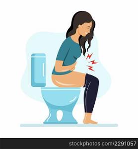 Girl is experiencing abdominal pain. Woman is sitting in toilet. Constipation and hemorrhoids. Problems with defecation.