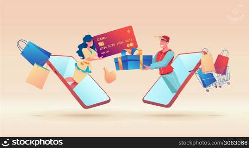 Girl is holding large plastic card. Joyful delivery man holds gift box in his hands. Seller and buyer in large mobile phones. Metaphor of remote payment and delivery of goods. Online shopping concept