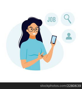 Girl is looking for job. Concept of job search and employment. Woman with smartphone.