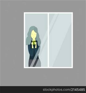 Girl is looking out the window. Young woman with cup of tea/coffee. Vector illustration