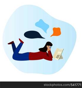 Girl is reading a book and laying on the floor. Modern flat vector design illustration. Girl is reading a book and laying on the floor.