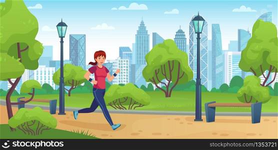 Girl jogging in city park. Active woman run on training, outdoor sport activities and healthy lifestyle cartoon vector illustration. Girl jogging and fitness exercise, woman activity workout. Girl jogging in city park. Active woman run on training, outdoor sport activities and healthy lifestyle cartoon vector illustration