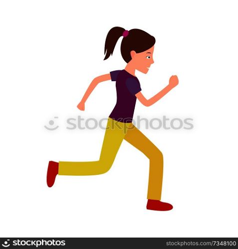 Girl jogging vector illustration. Teenager in sport apparel running, active healthy lifestyle teen on marathon isolated on white background, athlete jogger. Girl Jogging Vector Teenager in Sport Apparel