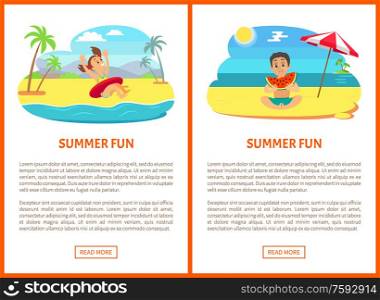 Girl jumping in water with hands up in inflatable circle. Boy eating watermelon, sitting teenager, character with full cheeks. Summer fun poster vector. Summer Fun Poster, Swimming and Eating Vector