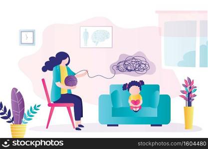 Girl kid at consultation with psychologist. Doctor is talking with teenager. Psychoanalysis, professional solves mental problems. Room interior. Female characters in trendy style. Vector illustration