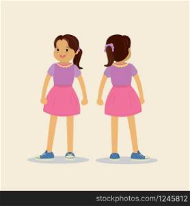 Girl kid isolated, front and back view. Beauty teenager. Vector illustration