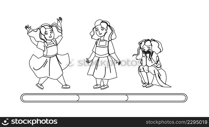 Girl Kid Mood Laughing, Smiling And Unhappy Black Line Pencil Drawing Vector. Small Girl Kid Mood Jump And Smile, Sitting On Floor And Offended Crying. Character Child Negative And Positive Expression. Girl Kid Mood Laughing, Smiling And Unhappy Vector